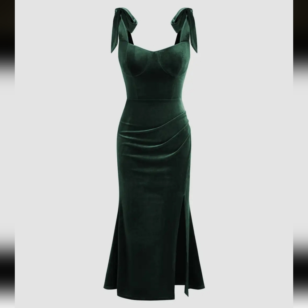 NWT Cider Velvet Sweetheart Neckline Split Ruched Knotted Maxi Dress | XS Green